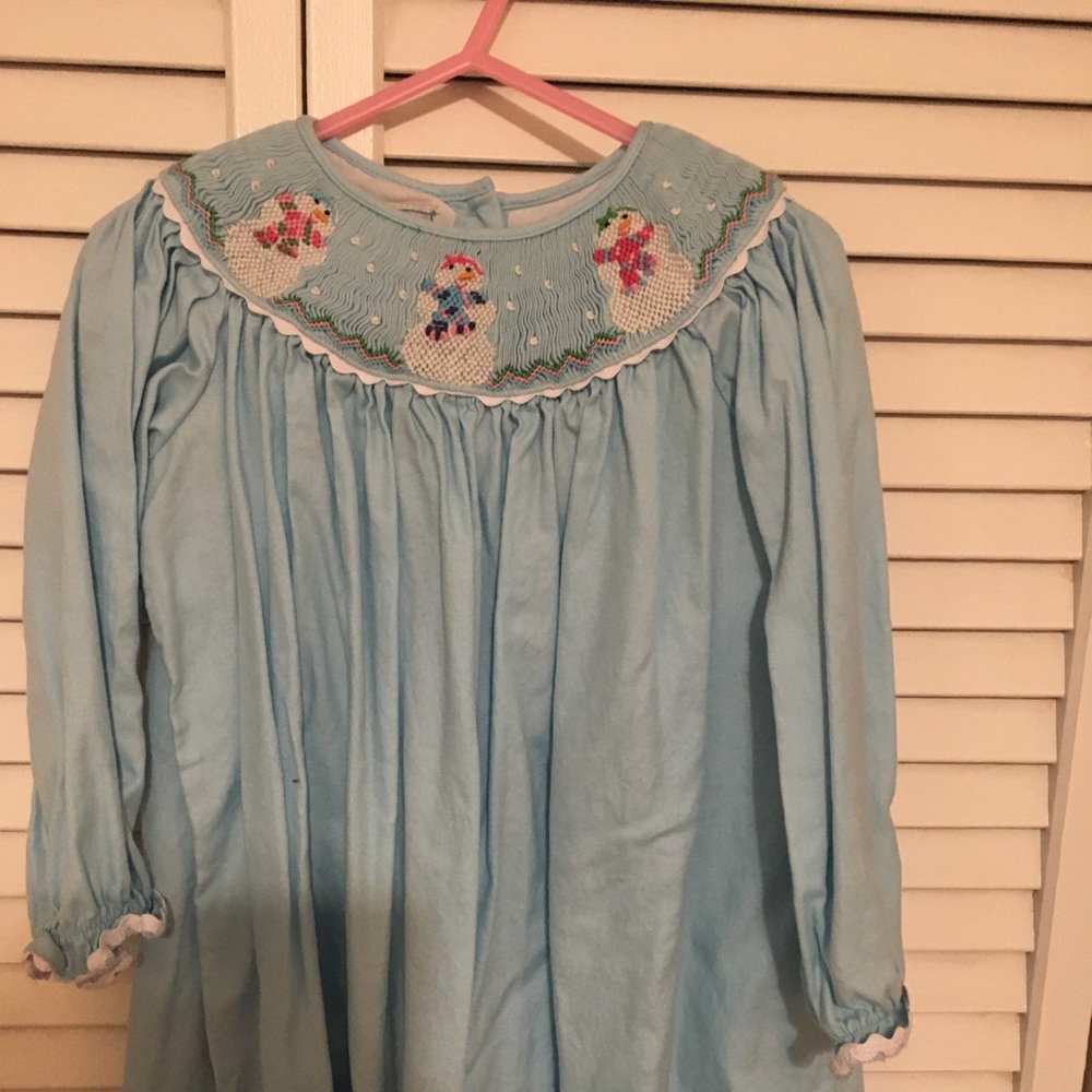 Girls smocked snowman long sleeve dress